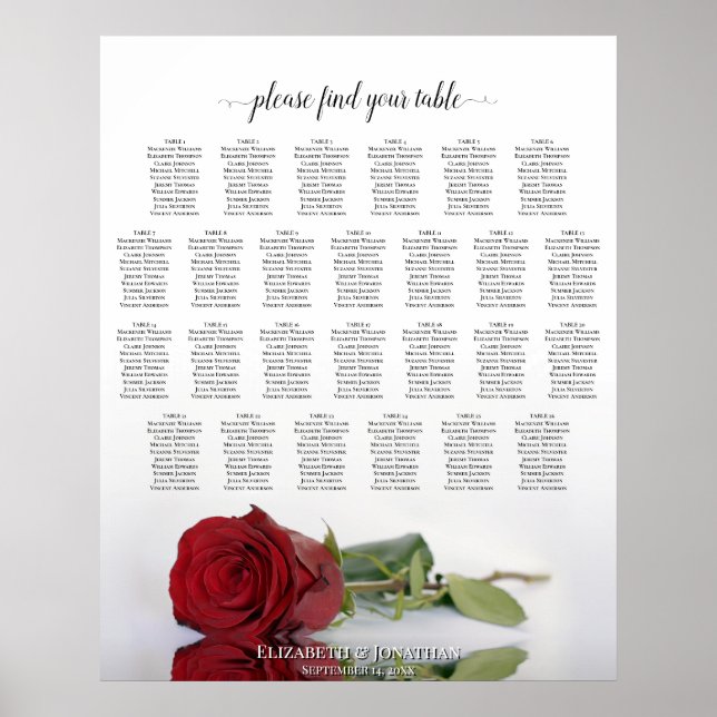 Elegant Red Rose 26 Table Wedding Seating Chart (Front)