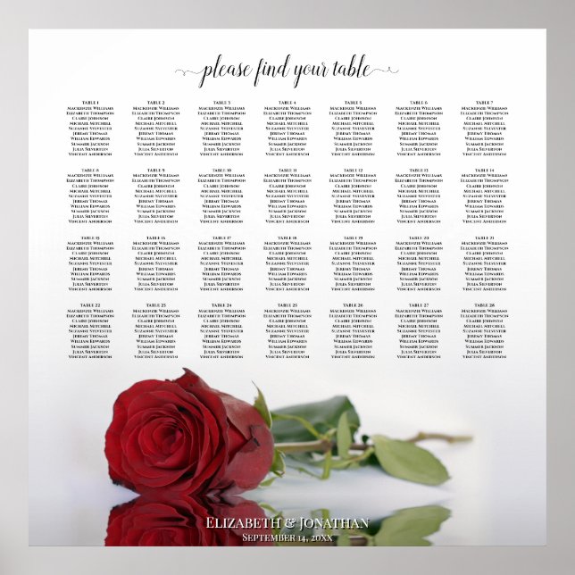 Elegant Red Rose 28 Table Wedding Seating Chart (Front)