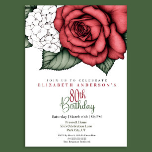Elegant Red Rose 80th Birthday Invitation