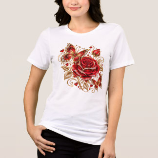 Elegant Red Rose and Butterfly Floral T-Shirt Tri-Blend Shirt