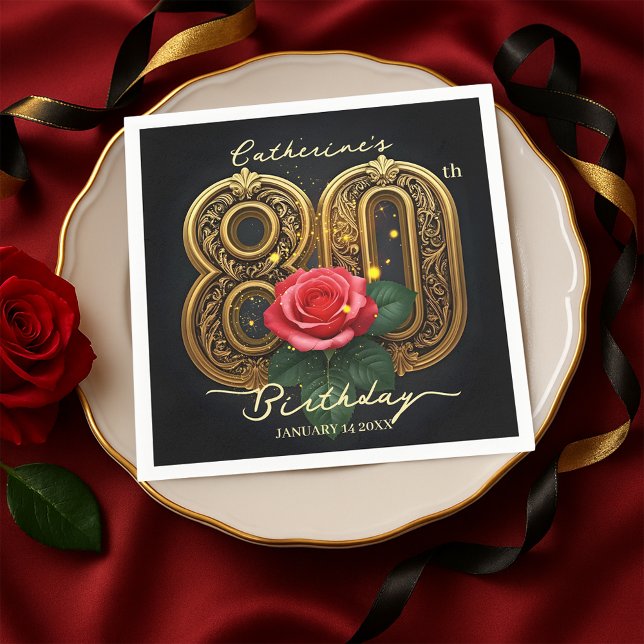 Elegant Red Rose and Gold Filigree 80th Birthday Napkin (Creator Uploaded)