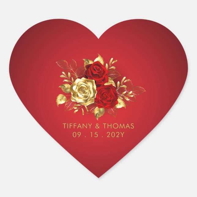 Elegant Red Rose And Gold Theme Wedding  Heart Sticker (Front)