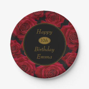 Elegant Red Rose Any Age Birthday Party Paper Plate