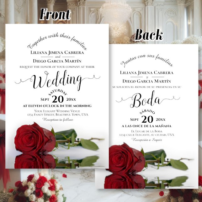 Elegant Red Rose Bilingual Spanish English Wedding Invitation (Front in English, Back in Spanish)