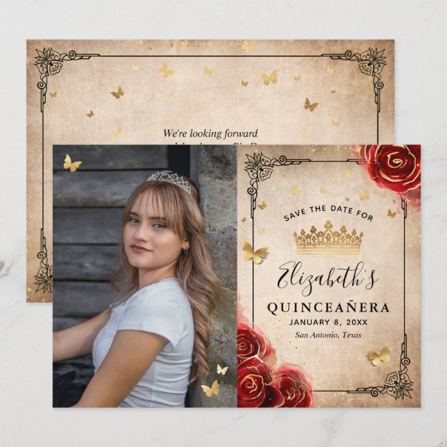 Elegant Red Rose Black and Gold Photo Quinceanera Save The Date (Front/Back)