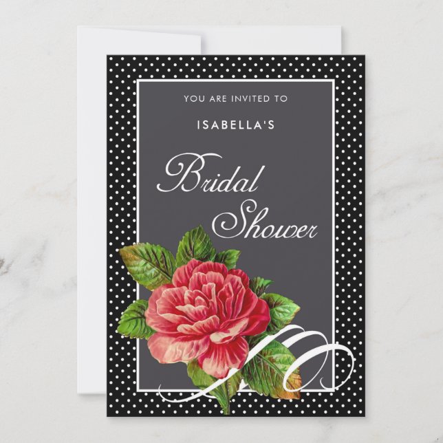 Elegant Red Rose Black Polka Dots Bridal Shower Invitation (Front)