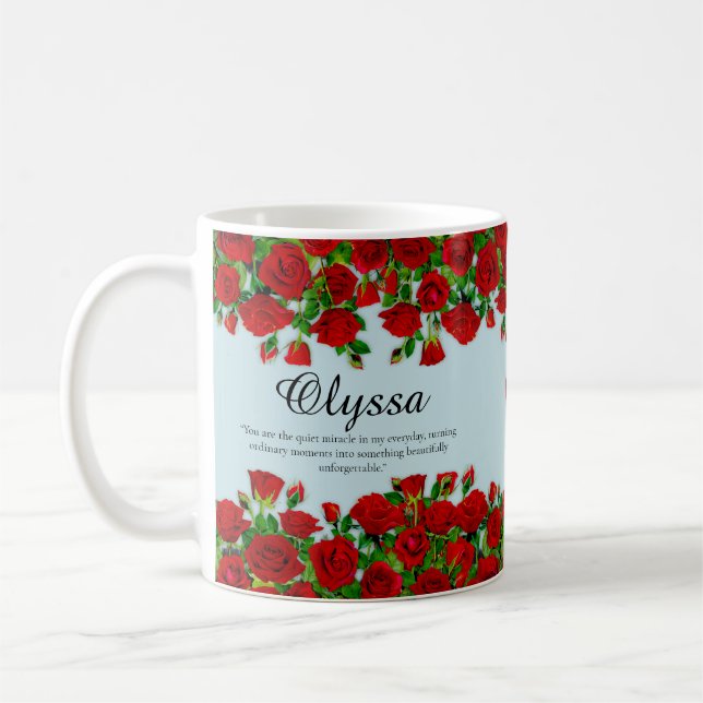 Elegant Red Rose Border Custom Name Garden Theme Coffee Mug (Left)