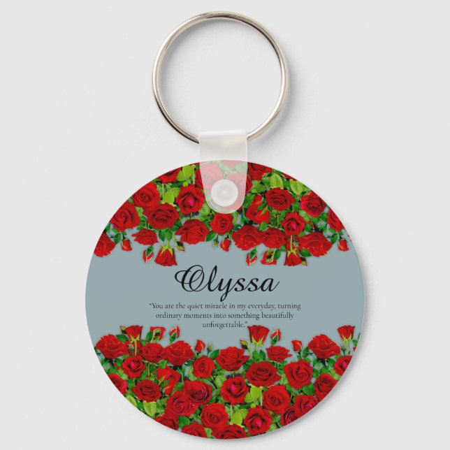 Elegant Red Rose Border Custom Name Garden Theme Key Ring (Front)
