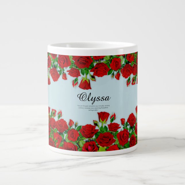 Elegant Red Rose Border Custom Name Garden Theme Large Coffee Mug (Front)
