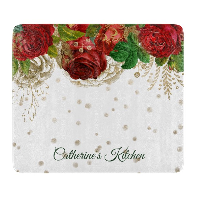 Elegant Red Rose Border Personalised Cutting Board (Front)