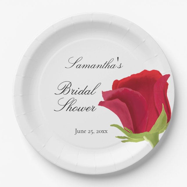 Elegant Red Rose Bridal Shower Paper Plate (Front)