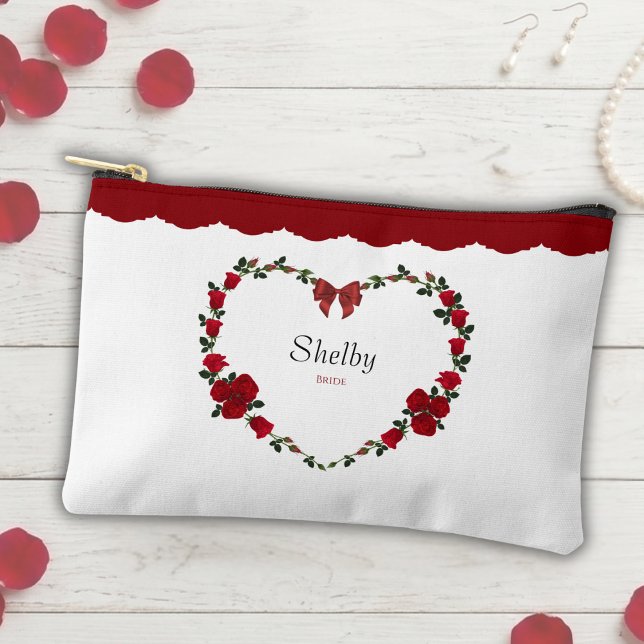 Elegant Red Rose Bride To Be Accessory Bag (A romantic red rose heart makeup bag for all your wedding day beauty essentials.)