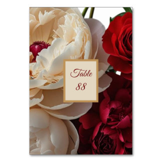 Elegant Red Rose & Cream Peony Table Card