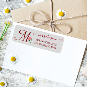 Elegant Red Rose Custom Monogram Swirl Return   Address Label