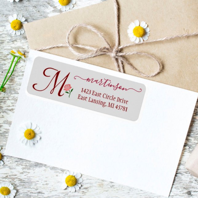 Elegant Red Rose Custom Monogram Swirl Return   Address Label (Creator Uploaded)