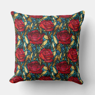 Elegant Red Rose Faux Stained Glass Pattern Cushion