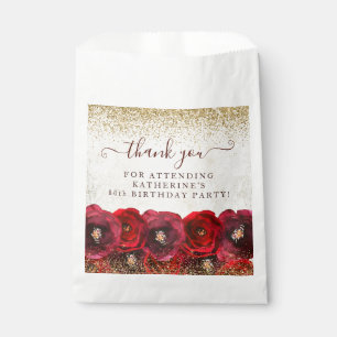 Elegant Red Rose Floral 80th Birthday Thank You Favour Bag