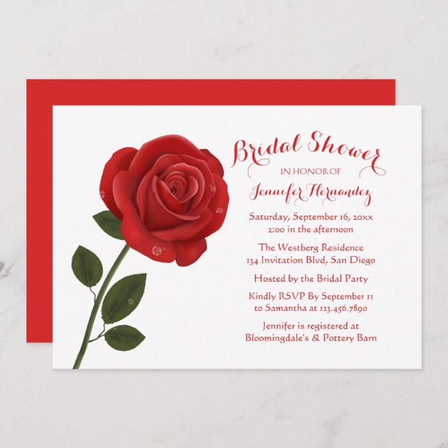 Elegant Red Rose Floral Bridal Shower Invitation (Front/Back)