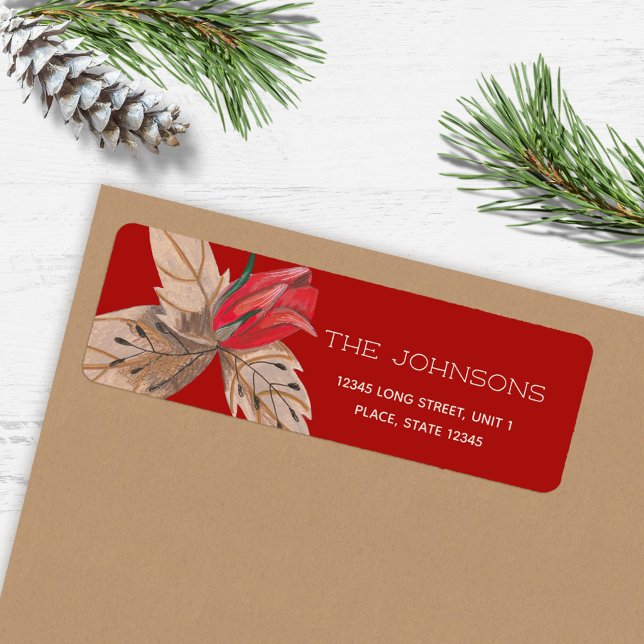 Elegant red rose Floral Christmas Return Address Label (Elegant red rose Floral Christmas Label)