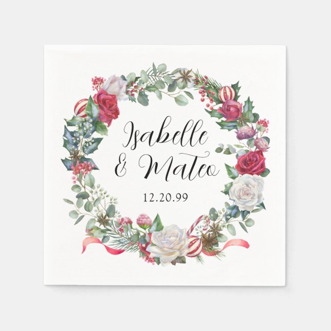 Elegant Red Rose Floral Christmas Wedding Napkin (Front)