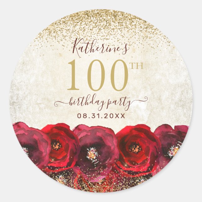 Elegant Red Rose Floral Gold 100th Birthday Party Classic Round Sticker (Front)