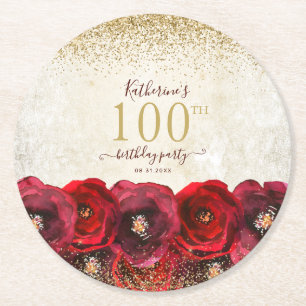 Elegant Red Rose Floral Gold 100th Birthday Party Round Paper Coaster