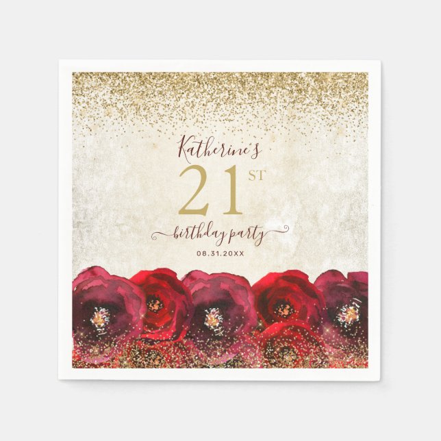 Elegant Red Rose Floral Gold 21st Birthday Party Napkin (Front)