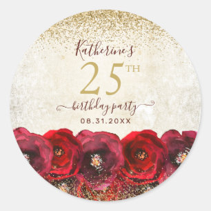 Elegant Red Rose Floral Gold 25th Birthday Party Classic Round Sticker