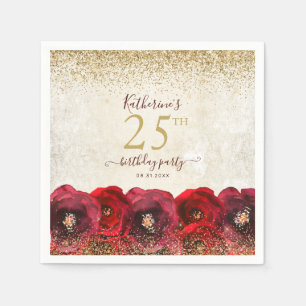 Elegant Red Rose Floral Gold 25th Birthday Party Napkin