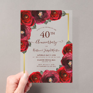Elegant Red Rose Floral Gold 40th Anniversary Acrylic Invitations