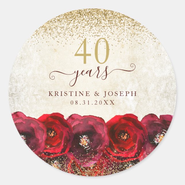 Elegant Red Rose Floral Gold 40th Anniversary Classic Round Sticker (Front)