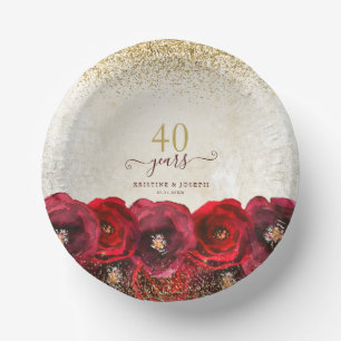Elegant Red Rose Floral Gold 40th Anniversary Paper Plate