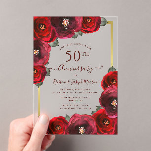 Elegant Red Rose Floral Gold 50th Anniversary Acrylic Invitations