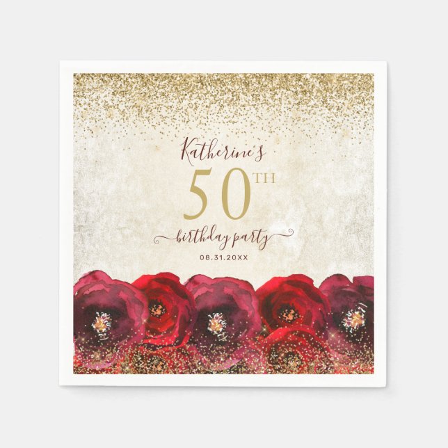 Elegant Red Rose Floral Gold 50th Birthday Party Napkin (Front)