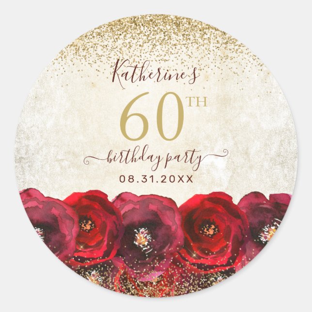 Elegant Red Rose Floral Gold 60th Birthday Party Classic Round Sticker (Front)