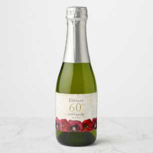 Elegant Red Rose Floral Gold 60th Birthday Party Sparkling Wine Label