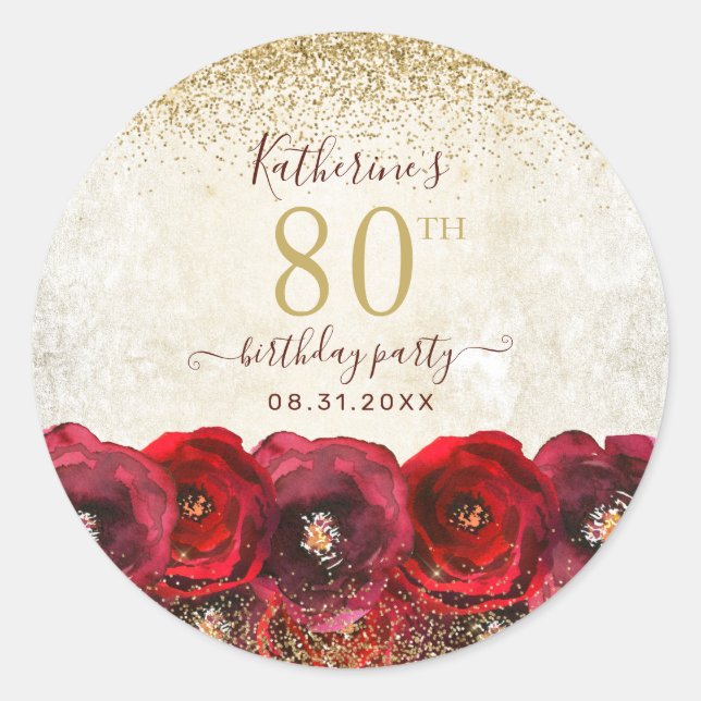 Elegant Red Rose Floral Gold 80th Birthday Party Classic Round Sticker (Front)