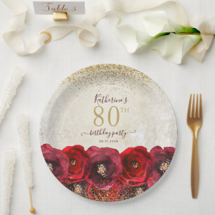 Elegant Red Rose Floral Gold 80th Birthday Party Paper Plate