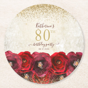 Elegant Red Rose Floral Gold 80th Birthday Party Round Paper Coaster