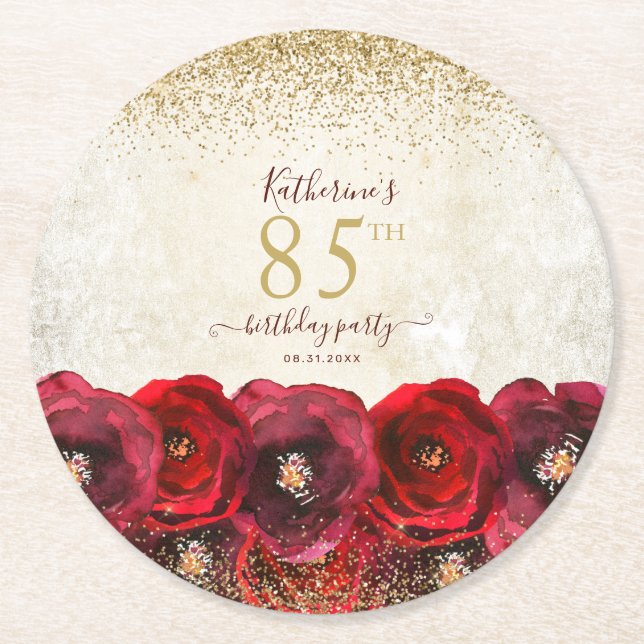 Elegant Red Rose Floral Gold 85th Birthday Party Round Paper Coaster (Front)