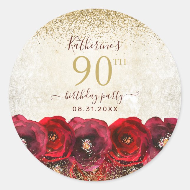 Elegant Red Rose Floral Gold 90th Birthday Party Classic Round Sticker (Front)