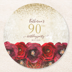 Elegant Red Rose Floral Gold 90th Birthday Party Round Paper Coaster