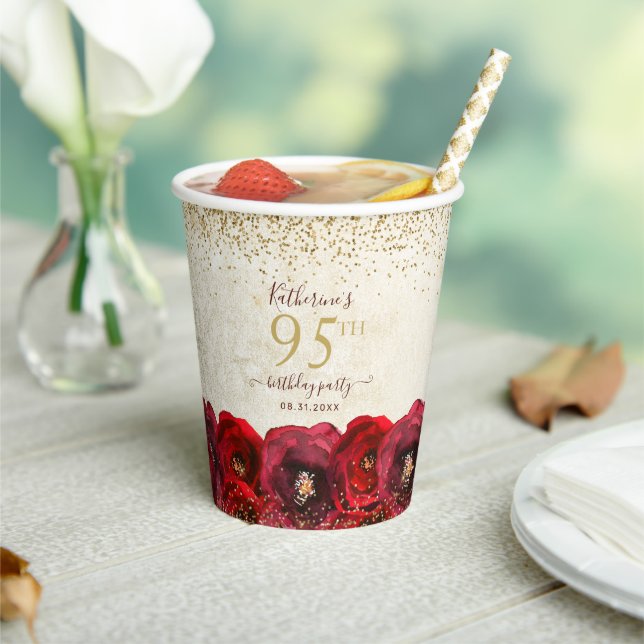 Elegant Red Rose Floral Gold 95th Birthday Party Paper Cups (Insitu)