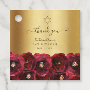 Elegant Red Rose Floral Gold Bat Mitzvah Thank You Favour Tags