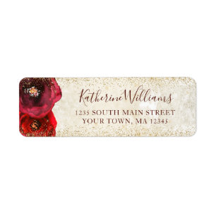 Elegant Red Rose Floral Gold Border Return Address Label