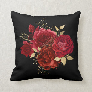 Elegant Red Rose Floral Gold Bouquet Cushion