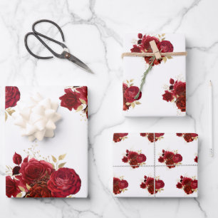 Elegant Red Rose Floral Gold Bouquet Wrapping Paper Sheet