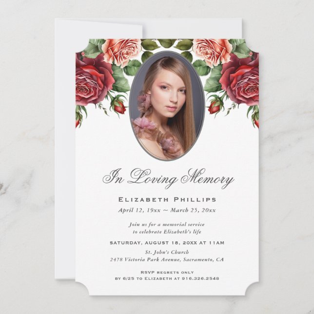 Elegant Red Rose Floral Photo In Loving Memory Invitation (Front)