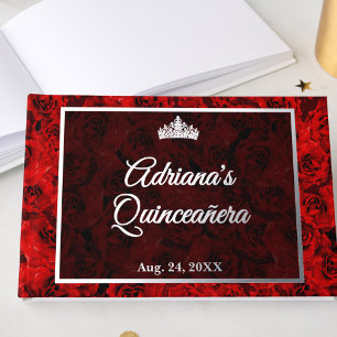 Elegant Red Rose Floral Quinceanera Silver Guest Book