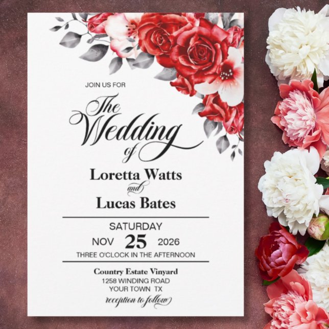 Elegant Red Rose Floral Wedding Invitation (Creator Uploaded)